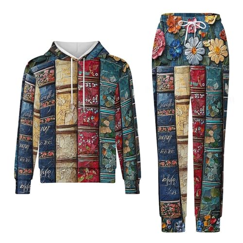 Boy's Girl's Hooded Tracksuit Pullover Sweatshirt Jogging Pants Sweatsuit, Books Lovers Flower Patterns Art4
