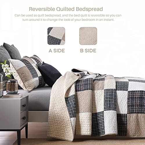 Kaloola King Quilt Sets, Cotton Quilt King Size, Real Patchwork Quilt Bedding Set Bedspread, Tan Brown Beige Quilt For King Bed, Farmhouse Rustic Lightweight Plaid Quilt, 3 Pieces #TOP2