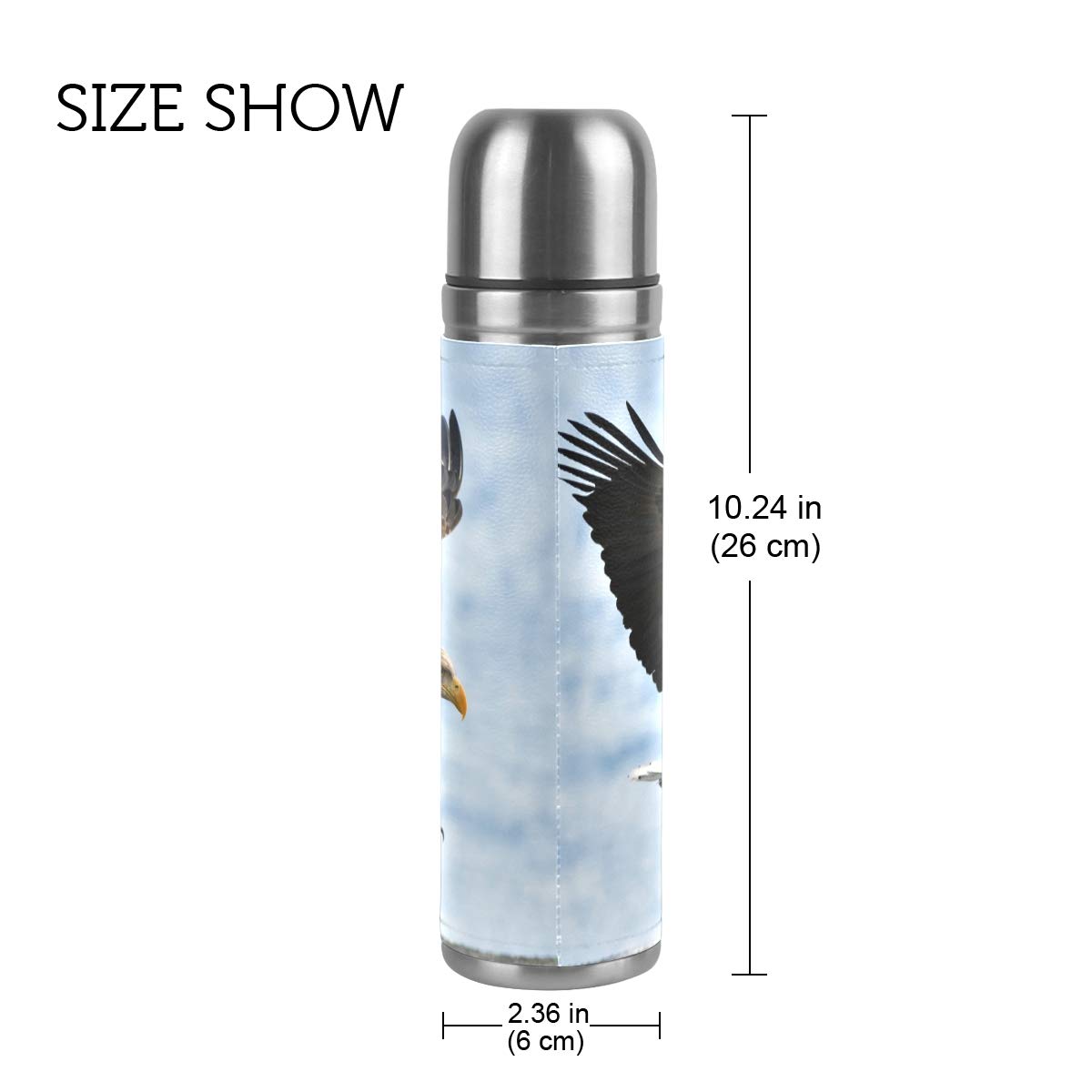 Taza de viaje aislada al vacío de acero inoxidable con doble pared a prueba de fugas, botella con diseño de águila de cola blanca personalizada impresa en piel auténtica, 500 ml
