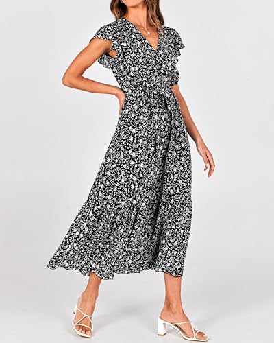 Image of BTFBM Women Summer Bohemian Floral Casual Wrap V Neck Ruffle Cap Sleeveless Belt A-Line Pleated Hem Midi Sun Dress White
