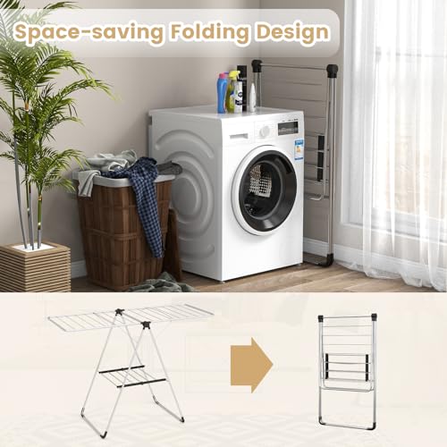 Image of Tangkula Collapsible Clothes Drying Rack, 2-Level Folding Aluminum Drying Rack w /Height-Adjustable Wings, Bottom Shoe Rack, Space-Saving Laundry Drying Rack for Indoor & Outdoor Use, Silver