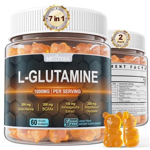 Nextdia L-Glutamine 1000mg Gummies for Women & Men| with Beta-Alanine BCAAs Magnesium Glycinate Potassium & Ashwagandha | Vegan | Sugar-Free & Extra-Chewy | 120 Counts