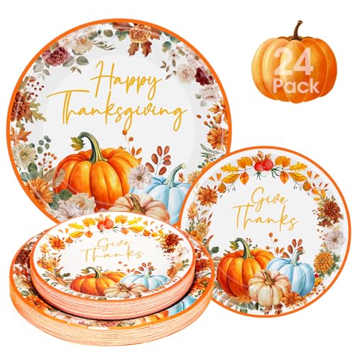 24 Pcs Happy Thanksgiving Paper Plates Set - Disposable Fall Plates, Watercolor Pumpkin Maple Leaf Round Dinner Dessert Plate Dinnerware Kit for Thanksgiving Party Decorations Supplies Table Decor