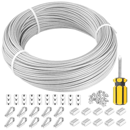 NAMYEUT 70 m de Cable de Acero de 2 mm, Cuerda de Alambre de Acero Inoxidable 304, Juego de 10 Abrazaderas de Cable, 10 Guardacabos y 8 Casquillos de Aluminio