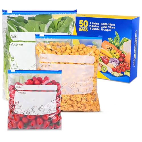50 bolsas de almacenamiento de alimentos para congelador, 3 tamaños (1L, 2,25 L, 4,55 L), bolsa reutilizable con cierre hermético para cocinar por lotes, frutas, verduras, carne, aperitivos, bolsas de