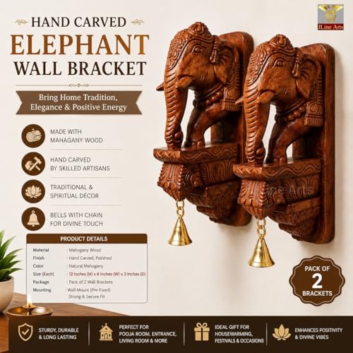 Image of Wooden Elephant Wall Bracket Pair 12 Inch Hand Carved Wood Wall Hanging with Brass Bells | Traditional Elephant Corbel Shelf Decor (Set of 2)