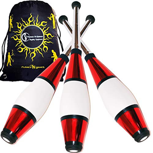 Juggle Dream Euro Pro Malabares Clubs Juego de 3 (¡12 Combinaciones de Colores!) ¡Clubes de Entrenamiento Decorativos metálicos + Bolsa de Viaje Flames N Games! (Rojo)