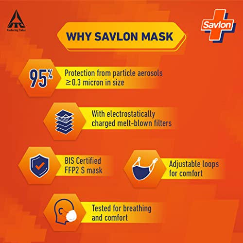 Image of Savlon Mask - Pack of 4 Black, Adjustable Ear-loops & Nose Foam Pad, BIS Certified FFP2 S Mask (Comparable to N95)