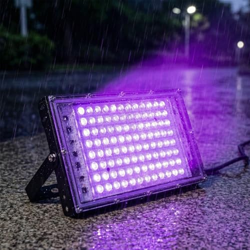 Image of QWORK 100W UV Black Light Flood Lights - 2 Pack, IP65 Waterproof Stage Lighting for Glow Party Halloween Body Paint Neon Fluorescent Poster Indoor Outdoor Use
