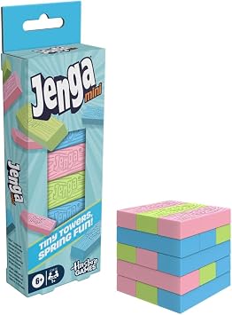 Jenga Mini Spring, Tiny Towers Stacking Block Game, Colorful Pink Blue Green Blocks, Ages 6+