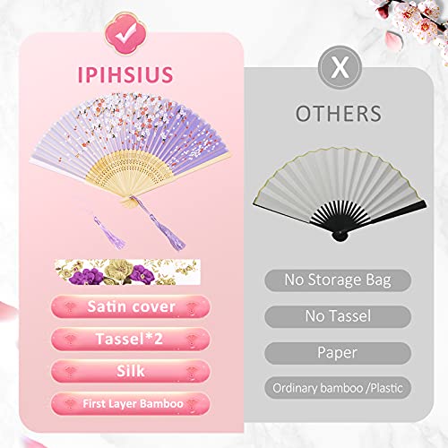 Ipihsius Folding Fan, Slik Folding Hand Fan With First Layer Bamboo, With Storage Bag, 2Pcs Tassels, For Cooling, Performances, Decorations, Gifts, Classic Ink Plum Gradient Violet #TOP2