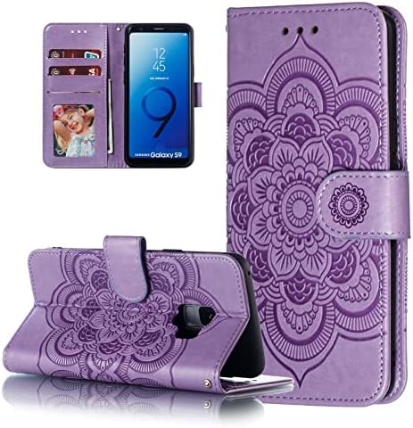 EYZUTAK Mandala Case for Samsung Galaxy S8, Premium Leather Flip Wallet Card Slots Magnetic Stand Protective Cover Ultra Slim Case with Lanyard, Embossed Flip Cover-Purple