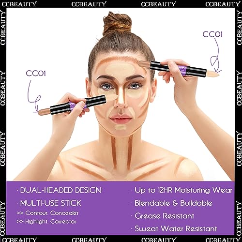 CCbeauty 2-IN-1 Contour Stick Cool Tone, Cream Dual Bronzer Concealer Shade with Cool toned Matte Finish, Contouring Bronzing Makeup for Face Shaping Makeup, Amber & Soft Amber