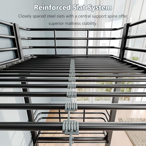 Image of iPormis Metal Bunk Bed Twin Over Twin, Heavy Duty Bunk with High Guardrail and Ladder with Built-in Handrails & Wide Steps, Under-Bed Storage Space, Easy Assembly, Noise Free, Black