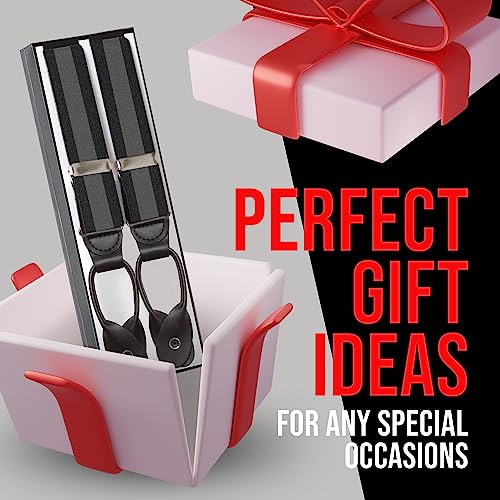 HOLD'EM Tuxedo Suspenders for Men Black Genuine Leather Button End 1.25 Inches Mens Braces Suspenders- Regimental Stripe Black (Regular 46" Long) - Thumbnail 4