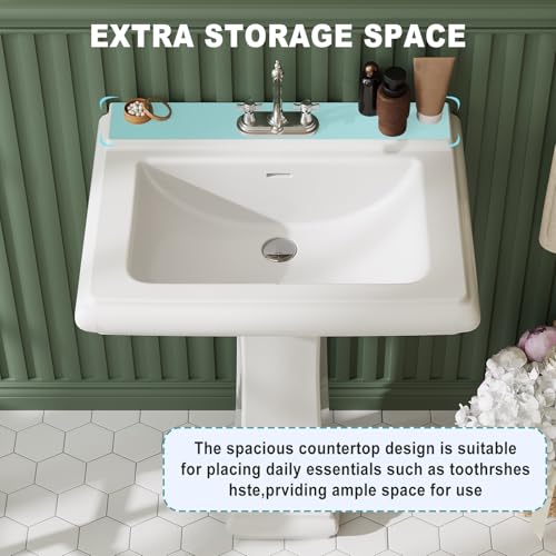 26\" W X 20\" D Bathroom Pedestal Sink, Rectangular White Ceramic Vanity Sink with Overflow and 3 Pre-Drilled Holes - Fits 4-Inch Faucets,Freestanding Restroom Sink Combo for Small Spaces