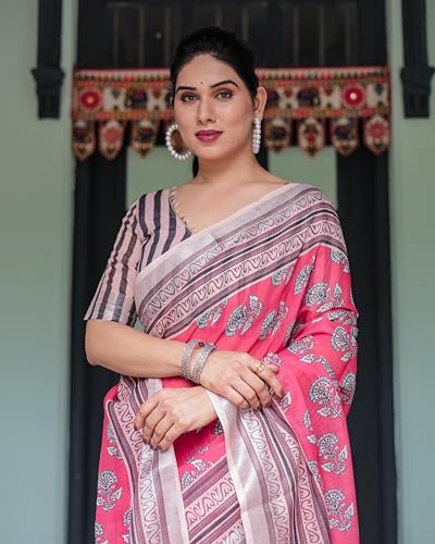 Image of Kaugalian store Linen Cotton Floral Printed Saree for Women with Unstitched Blouse Piece | 5.5 M Saree & 0.8 M Blouse