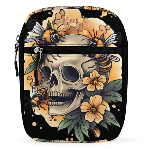 Skull with Bees Flowers Women's Cute Small Mini Crossbody Bag Top Zip Sling Square Shoulder Bags