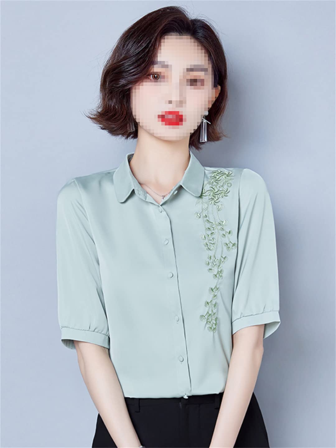 Femmes Broderie Bouton Up Chemise À Manches Courtes Chemises en Satin Floral Col en V Chemisier d'affaires pour Le Bureau De Travail