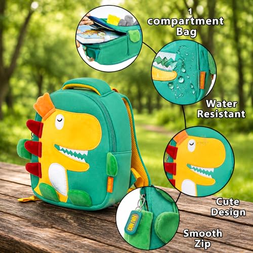 Image of WISHKEY Dinosaur Bag for Pre-Schoolers Kids, Water Resistant Mini Lightweight Backpack for Kids, Small Size Bag for Play School & Nursery Kid's, Picnic Bag, Travel, Green, 1-4 Years (Pack of 1)