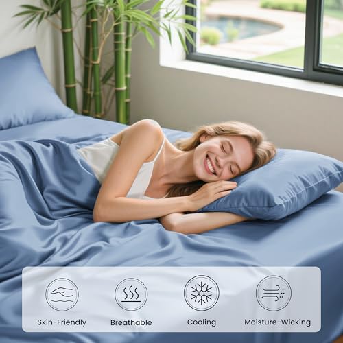 Image of Love's cabin 4 Piece Full Size Sheet Set, 100% Rayon Derived from Bamboo, Cooling & Breathable, Soft Silky Deep Pocket up to 16 inch, Hotel Luxury Bedding for Hot Sleepers, Mineral Blue