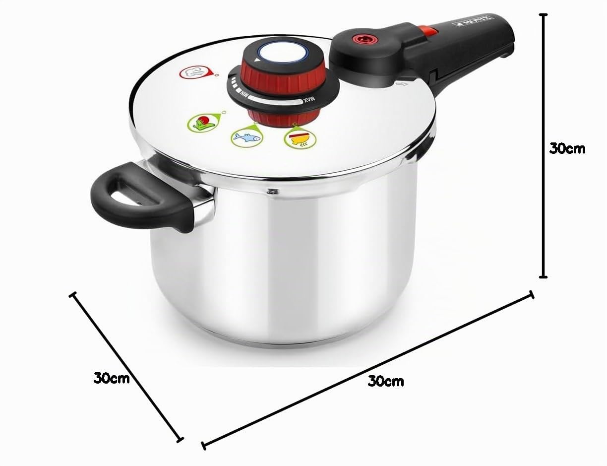MONIX Selecta | Pentola a pressione rapida da 9 Litri con Sistema di Selezione degli alimenti e Chiusura Automatica, Acciaio inox 18/10, Argento