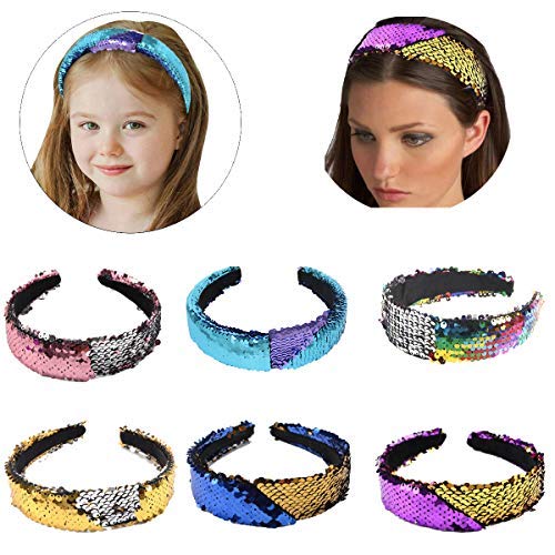 6Pack Reversible Sequin Headbands Color Changing Flip Sequin Headbands Bling Glitter Sparkly Fashion Headband Magic Alice Hair Band Hair Accessories for Girls Teens Kids Children Women