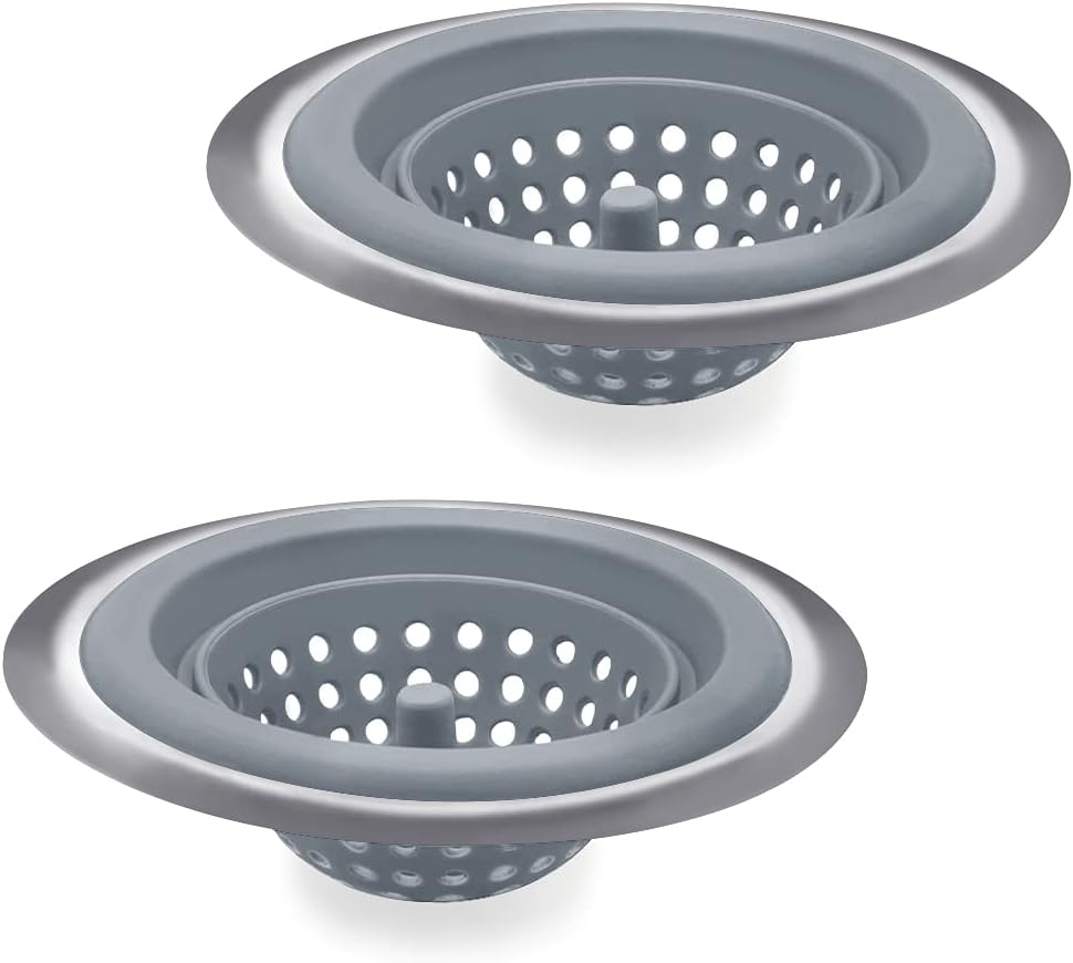 2PCS Sink Strainers,Flexible Silicone and Stainless Steel Kitchen Sink Drainer Baskets，Large Wide Rim 4.5 inch Diameter,Rust Free,Prevent Food Residues from Clogging (Gray)