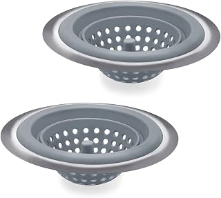 2PCS Sink Strainers,Flexible Silicone and Stainless Steel Kitchen Sink Drainer Baskets，Large Wide Rim 4.5 inch Diameter,Rust Free,Prevent Food Residues from Clogging
