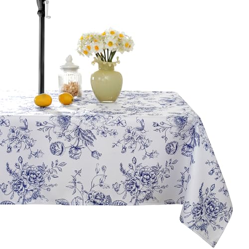 Honellaty Outdoor Tablecloth with Umbrella Hole and Zipper Blue and White 60 x 84