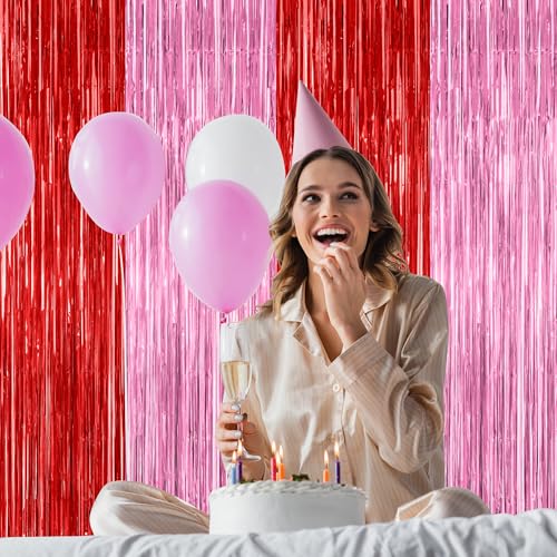 Image of ZATAYE 2 Pack Red Pink Valentines Foil Curtain Streamer Decorations | Red Pink, Metallic Foil, 3.28 x 7.05 FT, Tinsel Backdrop, Foil Curtain Streamer, Valentines Party Decorations