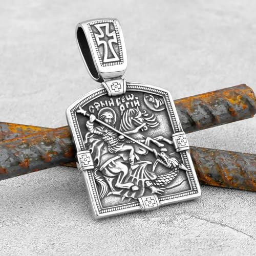 LOBON Christian Necklace Stainless Steel Saint George Pendant for Men Women Religious Talisman Necklace Jewelry (2.8 x 1.6 in, 2.58 oz)2