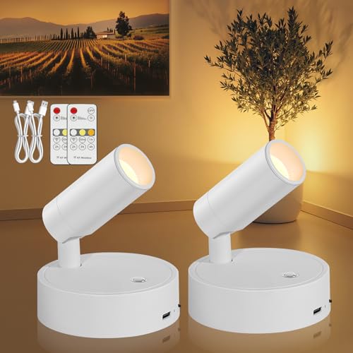 Image of Spotlight Indoor, Wireless Battery Operated with Remote,Uplight Indoor Down Light for Picture on Wall, Plant Spotlight Dimmable Timer, Mini Ceiling Lights Painting for Trees Plant, White 2 Pack