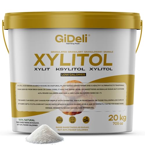 GiDeli Xilitol Azúcar Original de Finlandia 20 kg en cubo de azúcar de abedul sustituto de alimentos como vegano y edulcorante amigable con los dientes