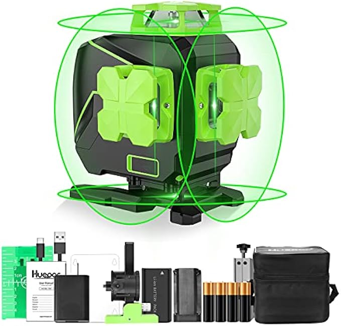 Huepar 16 Lines Self-Leveling Laser Level 4 x 360°Cross Line Laser - 4D Green Beam Rechargeable Tiling Floor Laser Tool -2 x 360° Horizontal&2 x 360°Vertical Laser Lines -Lifting Base Included S04CG-L
