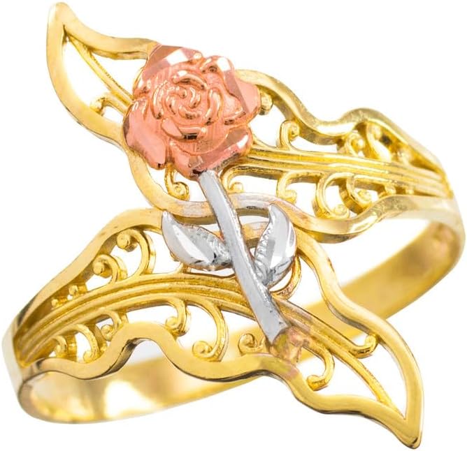 Claddagh Gold Multi-Tone Gold Rose Filigree Ring Available in Yellow, Rose and White Gold with multiple ring sizes