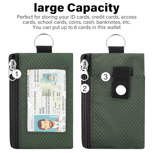 Image of Minimalist RFID Wallet with Lanyard, Multi-Functional ID Case with 2 Zipper Pockets and Key Chain for Men and Women, Tactical Badge Pouch Cards Holder, Coin Purse for Travel Sports-Green