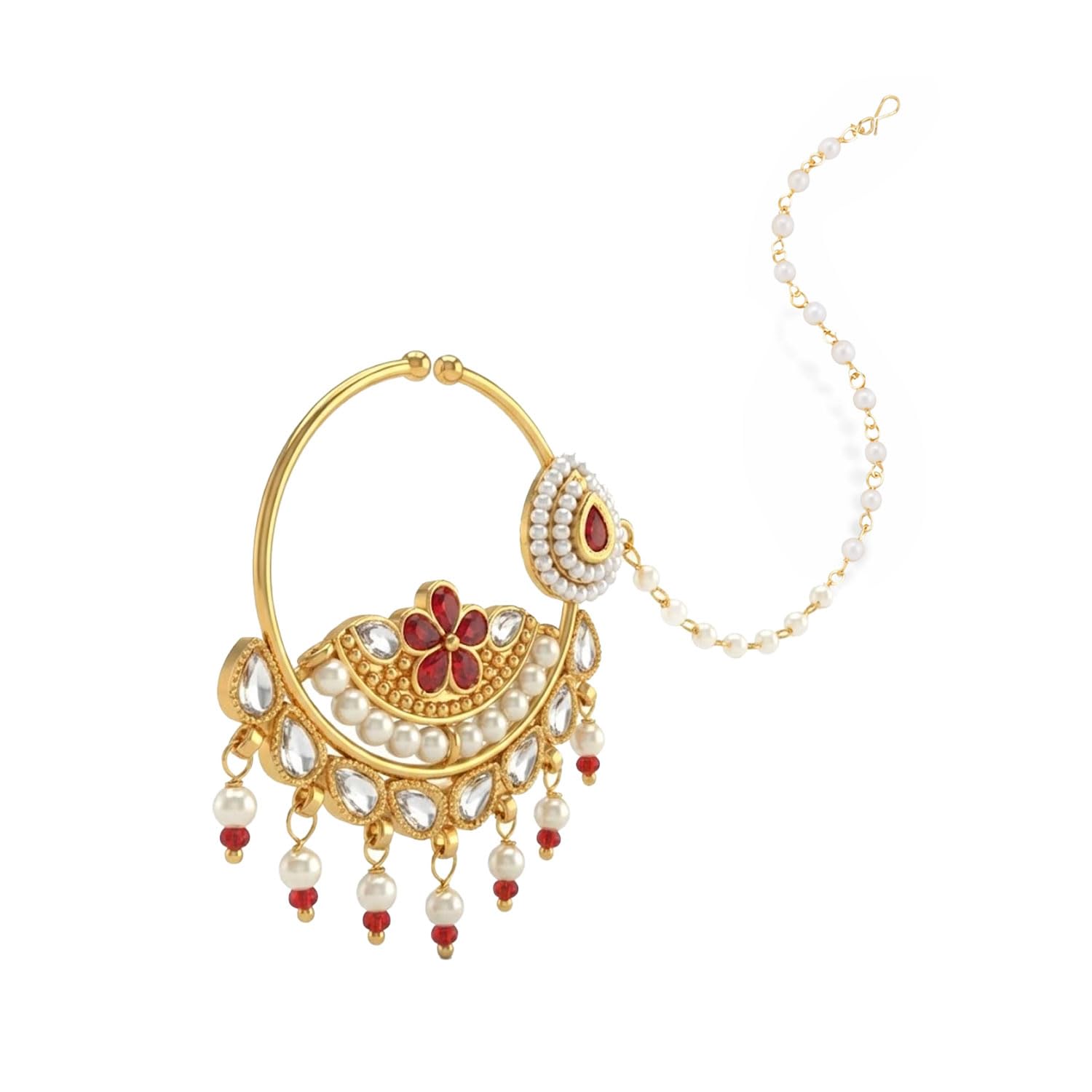 VAMA FASHIONS Traditional Gold Plated Rajasthani Nose Ring Rajputi Big Bridal Nathiya Pearl Nat Chain Clip on Nathni Without Piercing Pressing Nath For Women