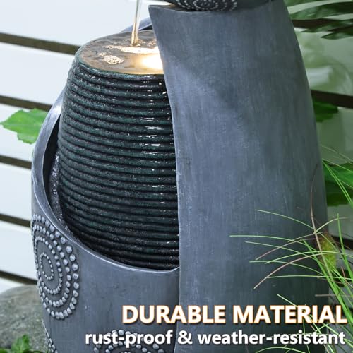 Sunlinua Vase Outdoor Water Fountain, 31.4''H Jar Waterfall Fountain with Warm LED Lights&Durable Pump for Yard, Porches, Home Décor,Garden,Office