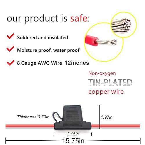 Miniatura 2 de VANTRONIK Portafusibles en línea maxi impermeable con cable AWG calibre 8 de 15.8 pulgadas de largo, apto para fusibles de hoja grande de hasta 100