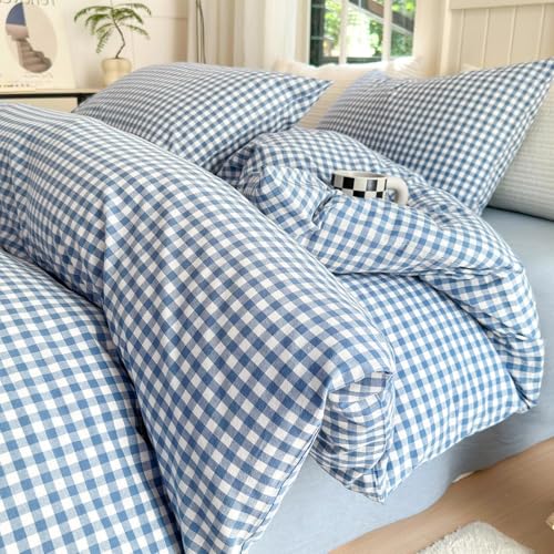Image of LifeTB Blue Gingham Comforter Set King 3 Pieces Modern Plaid Checkered Pattern Comforter Gingham Bedding Set Fluffy Soft Grid Plaid Bedding Comforter Farmhouse Checkered Comforter Set King Size