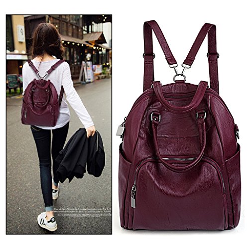 UTO Women Backpack Purse PU Washed Leather Convertible Ladies Rucksack Crossbody Shoulder Bag Red2