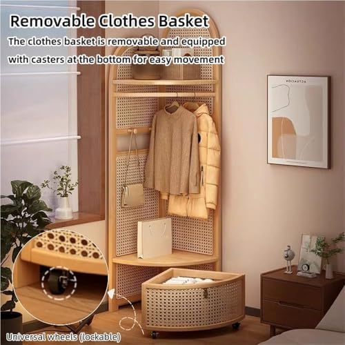 Freestanding Boho Coat Rack with Hooks - Rattan Floor Stand for Entryway, Living Room & Hallway - Space-Saving 90° Corner Design - Durable Black Finish (2 Hooks)