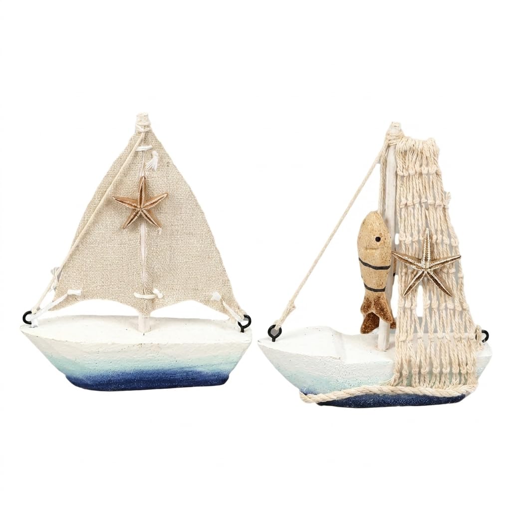 The Bridge Collection White, Blue, Beige, Natural Sailboat Figurines, Coastal Nautical Beach Decor, Linen Sails With Starfish Accents, Set Of 2