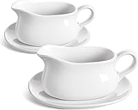 LETAUCI 17oz Ceramic Gravy Boat with Saucer Stand, Set of 2 - Sauce Boat Tray for Gravy, Dressings, Creamer, Thanksgiving Dinner