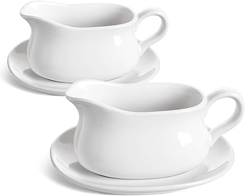 LE TAUCI Bote de salsa de 17 onzas con soporte para platillo, juego de 2, bote de cerámica con bandeja para aderezos de ensalada, crema, caldo,