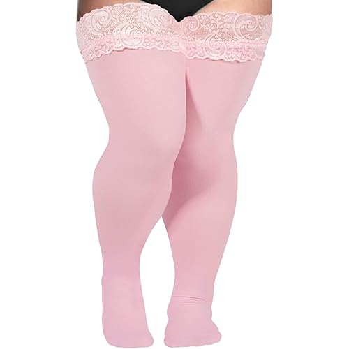 Moon Wood Plus Size Lace Top Silicone Stay-Up Thigh High Stockings for Women Sexy Semi Sheer Hosiery for Party