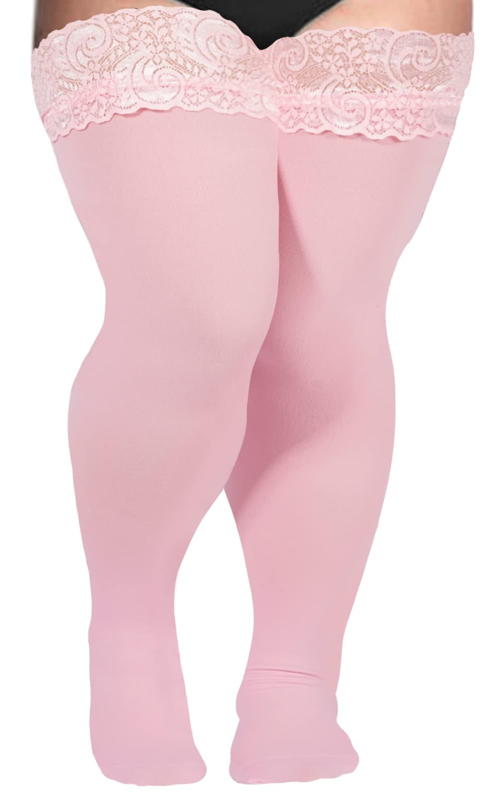Moon Wood Plus Size Thigh High Stockings Women Sexy Lace Semi Sheer Stay Up Lingerie Thigh Highs Stockings: Light Pink