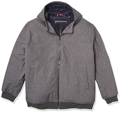 Image of Tommy Hilfiger Men's Soft Shell Fashion Bomber With Contrast Bib and Hood