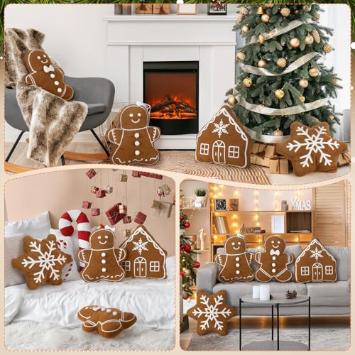 Image of HunnmingRe 4 Pcs Christmas Throw Pillows Fall Football Plush Pillows Winter Holiday Cushion Soft Decorative Cushions for Couch Bedroom Living Room Thanksgiving Xmas Decor(Caramel,Gingerbread)